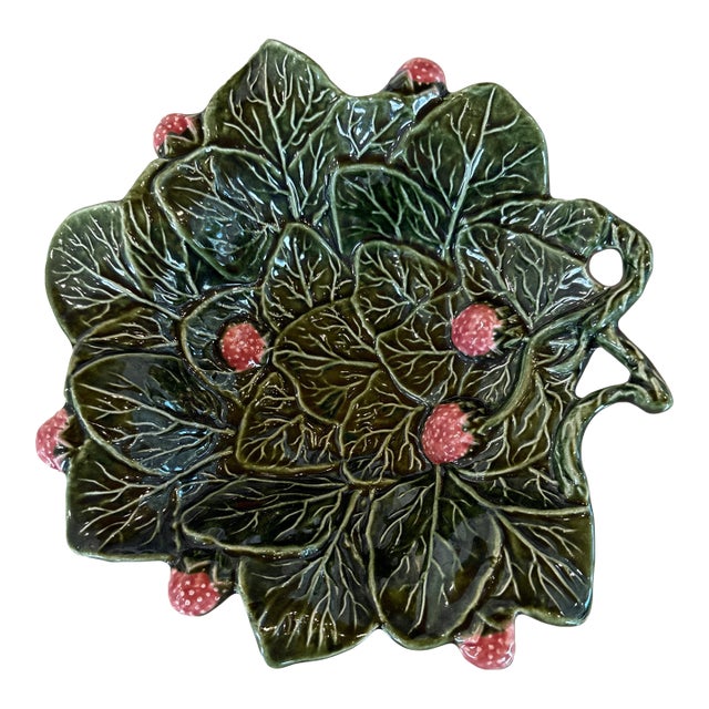 Vintage Majolica Strawberry Leaf Plate For Sale