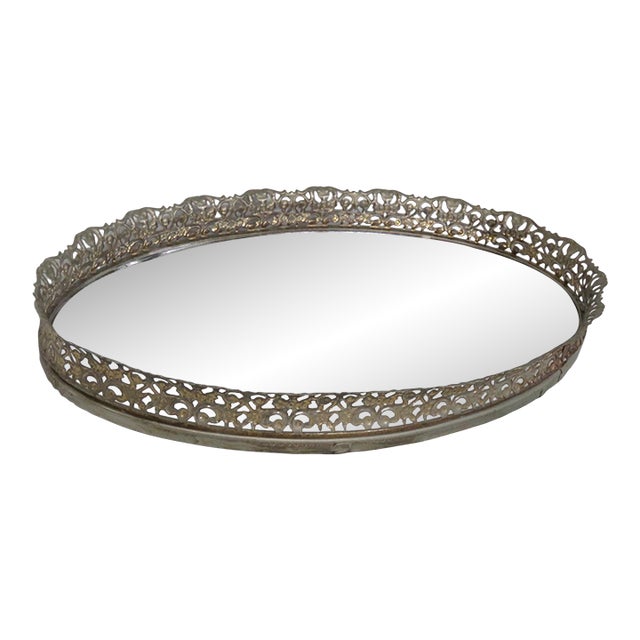 Oval Vanity Mirror Tray Filigree Gilded Raised Metal Frame Dresser Display 4524b For Sale