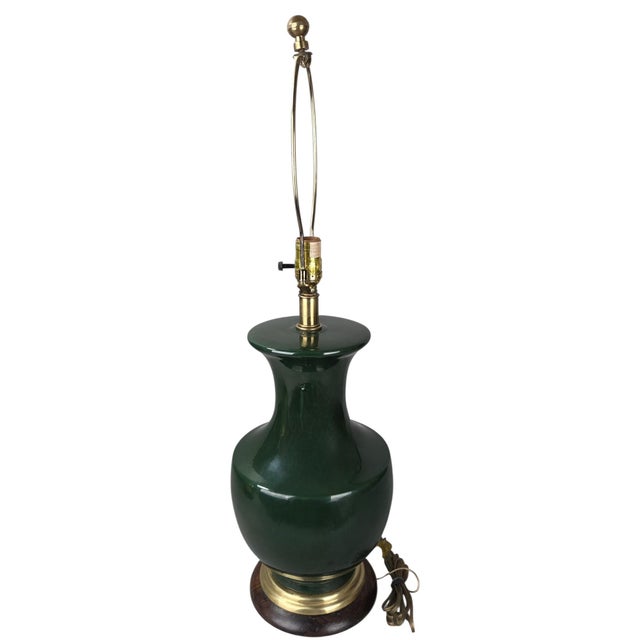 Striking vintage Frederick Cooper table lamp featuring a sculptural dark green ceramic body with a rich, glossy glaze,...
