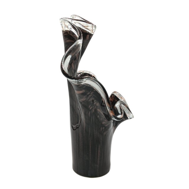 2000 - 2009 Vintage Italian Black Swirl Ruffled Large Glass Vase For Sale - Image 5 of 8