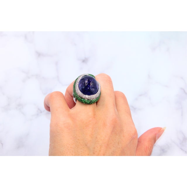 Blue Tanzanite Oval Cabochon Diamonds Tsavorites Pave 18k White Gold Unique Ring, Size 7 For Sale - Image 10 of 18