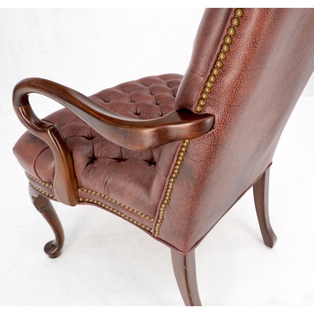 Pair Burgundy Leather Queen Anne Tufted Upholstery Walnut Armchairs MINT For Sale - Image 17 of 17