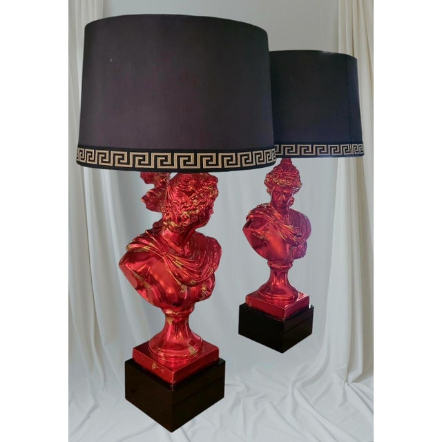 1990s Custom Finished Red, Gold Leaf Greek Goddess Black Shade Greek Key Trim Tall Table Lamps Tony Duquette Style - a Pair For Sale - Image 9 of 15