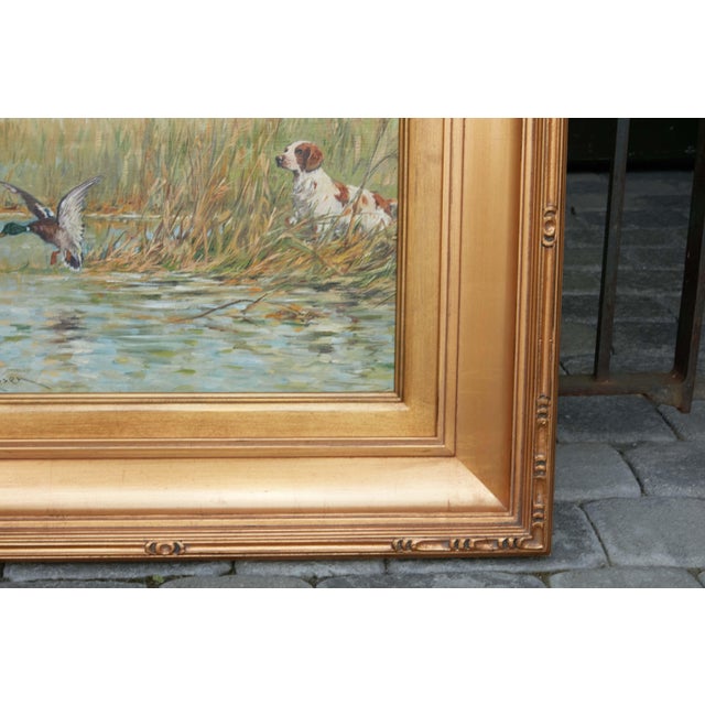 Fernand Maissen Oil on Panel Painting Depicting a Setter Hunting a River Mallard For Sale - Image 10 of 12