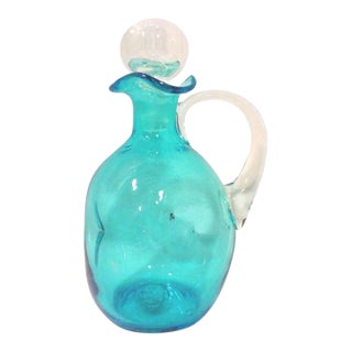 Mid-Century Handcrafted Blue Glass Pinched Decanter For Sale