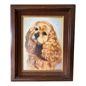 Late 20th Century Framed Cavalier King Charles Spaniel Oil Painting, Signed