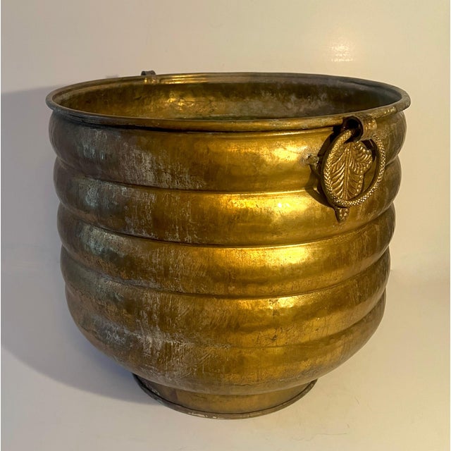 Brass Solid Brass Ribbed Jardiniere Planter with Decorative Ring Handles For Sale - Image 8 of 12