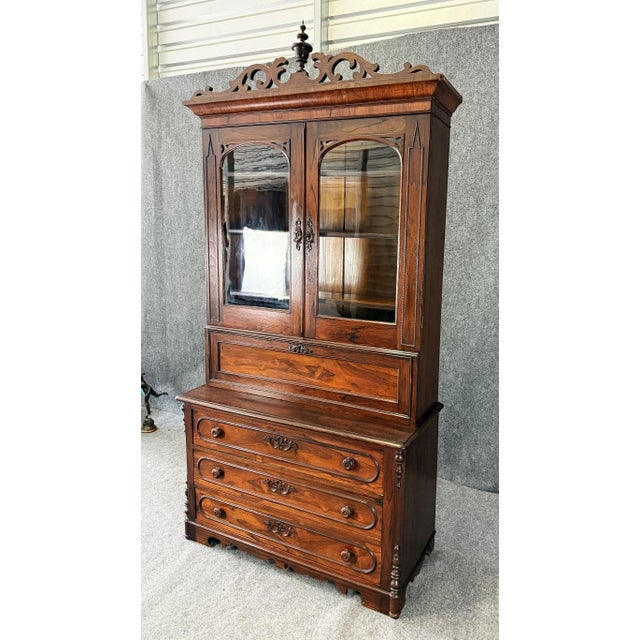 English 19th Century Rosewood Secretary Desk With Bookcase Top For Sale - Image 3 of 18