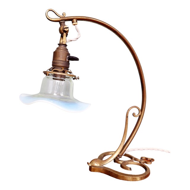 Art Nouveau Table Lamp in Bronze and Brass with Opalescent Glass Shade, France, 1900s For Sale