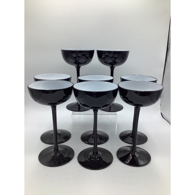 Black Vintage Carlo Moretti Italy Black White Cased Glass Tall Stem Champagne Coupes - Set of 8 For Sale - Image 8 of 8