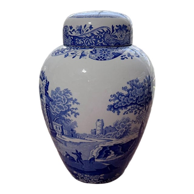 Vintage Spode Blue Italian Ginger Jar With Lid - Blue & White Chinoiserie Ceramic Urn For Sale