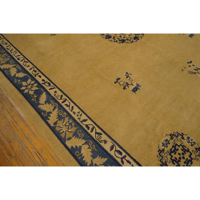 Textile 1920s Beige Field Medallion Deco Antique Chinese Peking Room Size Knotted Rug For Sale - Image 7 of 10