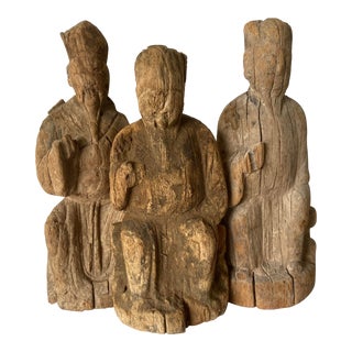 17th Century Chinese Hand Carved Wooden Altar Figures - Set of 3 For Sale