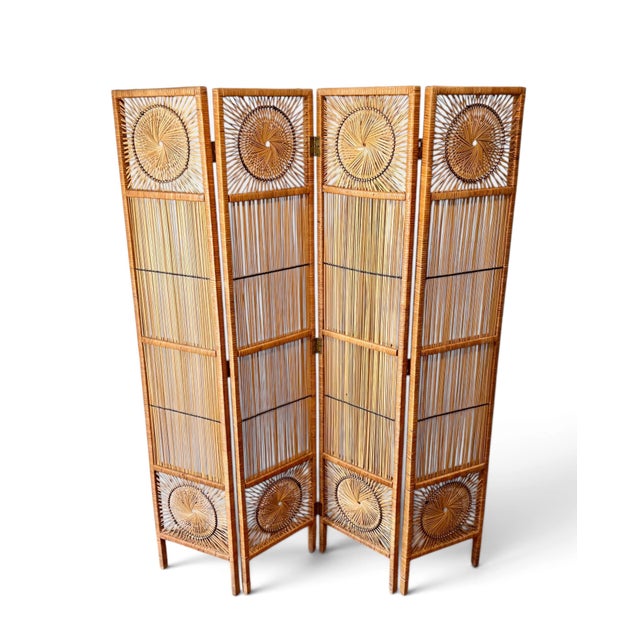 Vintage Woven Rattan Sunburst Four-Panel Room Divider Screen For Sale - Image 4 of 11