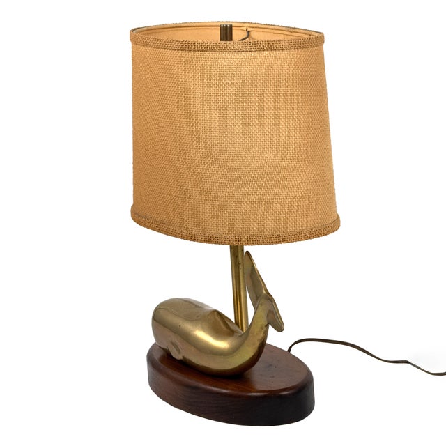 Wood Vintage 1970s Brass Whale Table Lamp W/ Walnut Wood Base & Grasscloth Shade For Sale - Image 7 of 18