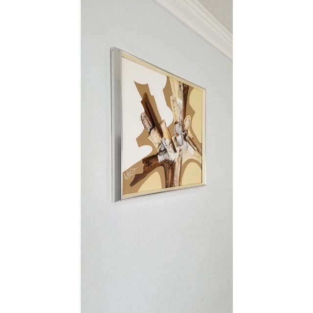 Offered for sale: this mid-century modern Mixed Media Collage expressionist abstract Acrylic on canvas painting. Signed on...