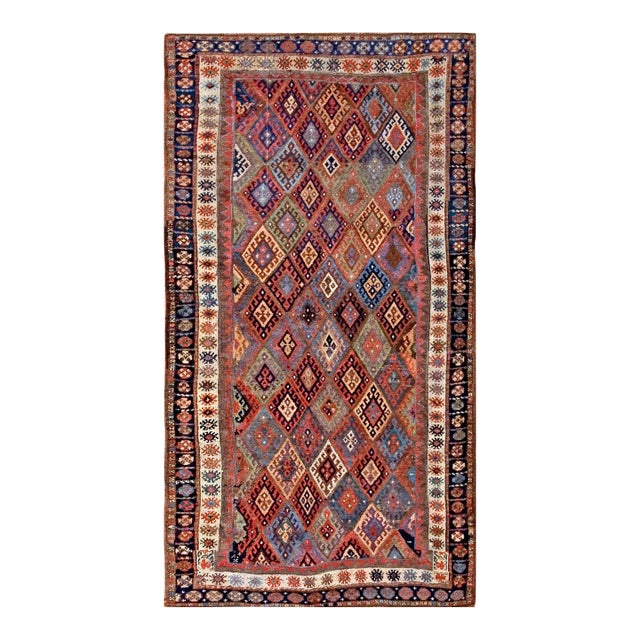 1890s Multicolor Diamond Tribal Antique Persian Kurdish Rug 4'0"x 7'4" Handknotted Wool Carpet For Sale
