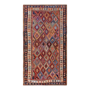 1890s Multicolor Diamond Tribal Antique Persian Kurdish Rug 4'0"x 7'4" Handknotted Wool Carpet