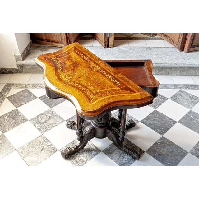 Antique Victorian Inlaid Walnut Game Table with Marquetry Top, 1860s For Sale - Image 4 of 7