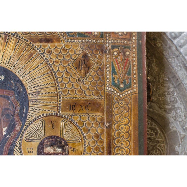 Amber Antique Early 1800s Original Russian Icon Hand Painted Annunciation Our Lady of Kazan Madonna and Jesus For Sale - Image 8 of 11