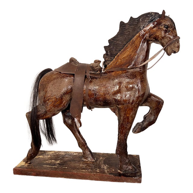 Antique American Folk Art Composition Plaster Horse With Leather Saddle & Horsehair Tail For Sale