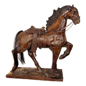 Antique American Folk Art Composition Plaster Horse With Leather Saddle & Horsehair Tail