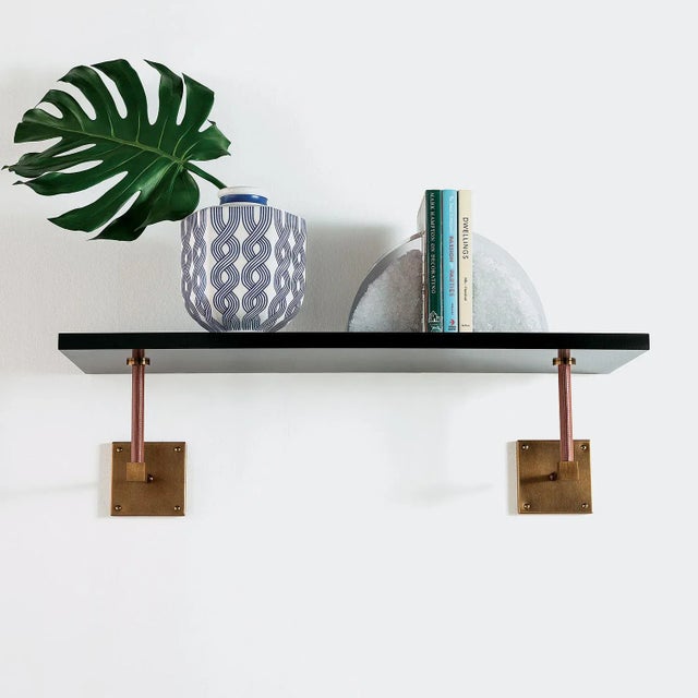 Contemporary Billy Black/Aged Brass Wall Shelf with Leather, 36" Wide For Sale - Image 3 of 4