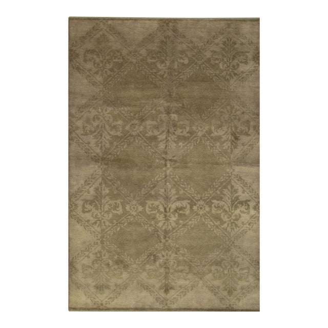 6x9 Trara Bespoke Beige Damask Contemporary Hand Knotted Wool Carpet Rug For Sale