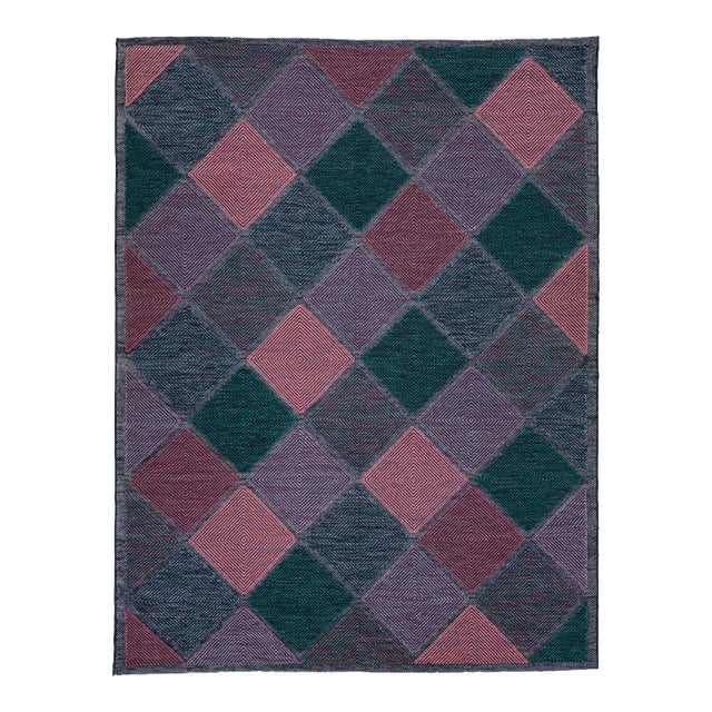 Geometric Modern Swedish Style Room Size Wool Rug in Green and Pink For Sale