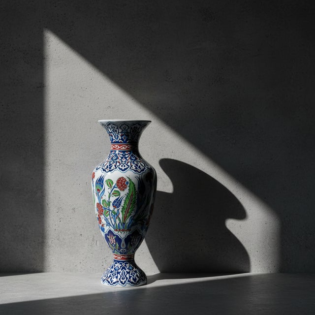 Turkish Handmade Ceramic Palace Vase (50cm) Stylized Red Roses and Rumi Borders Pedestal Urn For Sale - Image 3 of 8