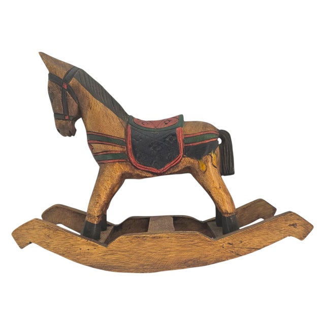 Mid-Century Mexican Folk Art Hand-Carved Polychrome Wooden Rocking Horse For Sale - Image 4 of 16