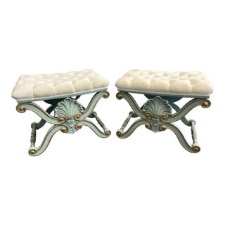 20th Century Vintage Karges Carved Sea Shell Upholstered Ottomans - a Pair For Sale