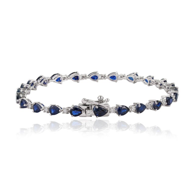 Art Deco 6.13ct Blue Sapphire Diamond Mexican Tennis Bracelet in 14k Gold For Sale - Image 9 of 18