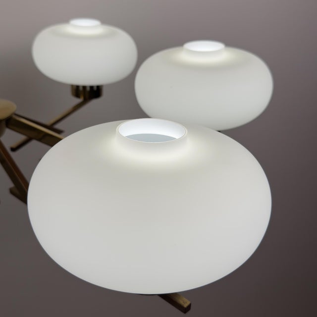 Gold Mid-Century Brass and Opaline Glass Chandelier from Stilnovo, Italy, 1970s For Sale - Image 8 of 18