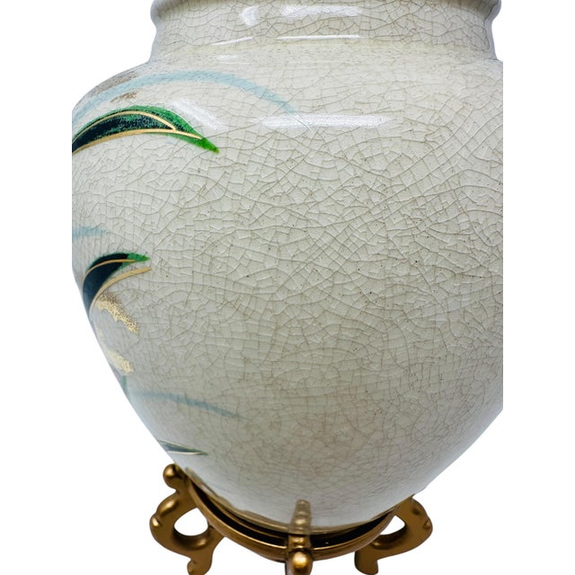 Dark Green Vintage 1980s Japanese Porcelain 7.5-Inch Ovoid Iris and Kingfisher Vase For Sale - Image 8 of 13