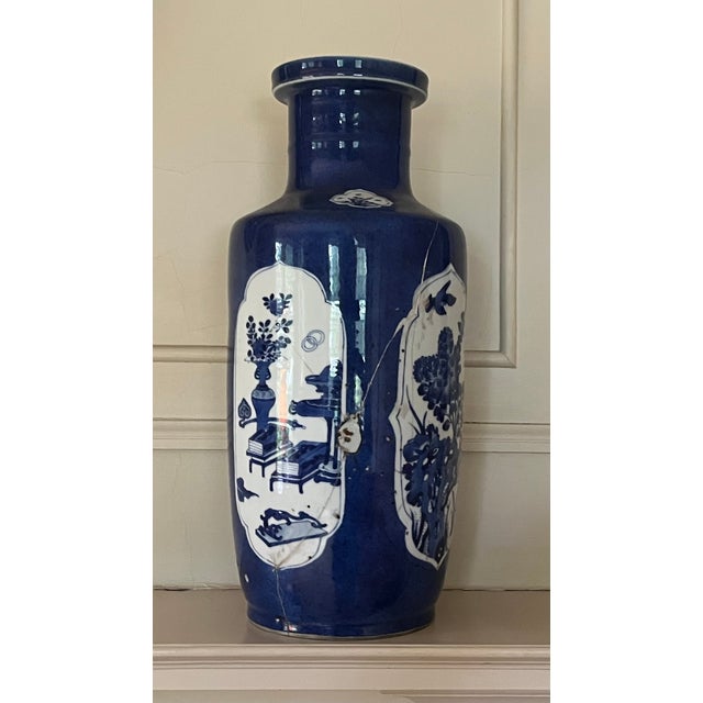 Antique Early 18th Century Chinese Powder Blue Kangxi Period Porcelain Rouleau Vase Circa 1700 For Sale - Image 15 of 18