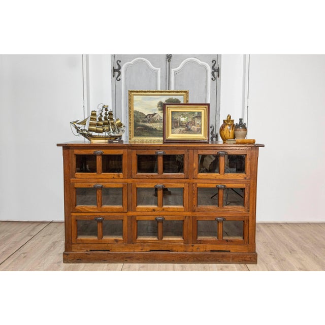 Brown Mid 20th Century Italian Walnut and Iron Pastaia Shop Cabinet with Nine Drawers and Glass Panels For Sale - Image 8 of 8