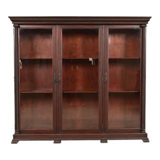 R. J. Horner Style American Empire Carved Mahogany Glass Front Triple Bookcase Cabinet, Circa 1890s For Sale