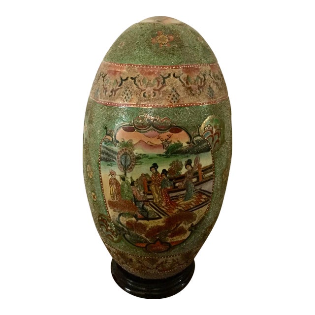 1970s Large Vintage Satsuma Style Porcelain Cloisonne Hand Painted Egg For Sale