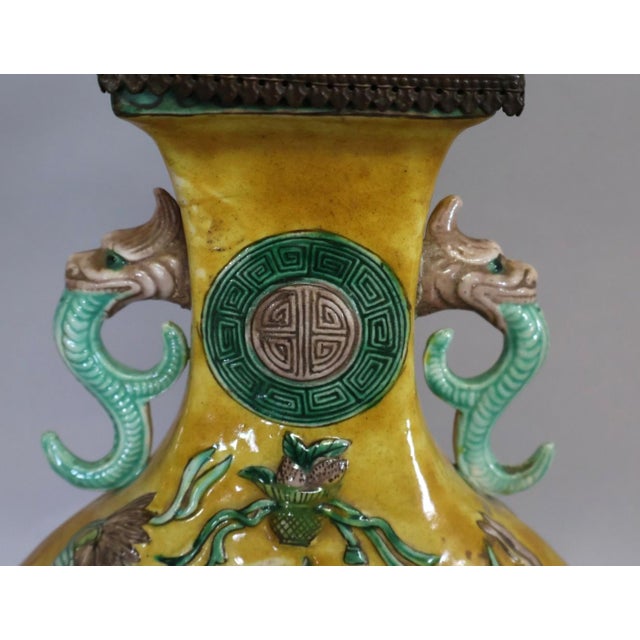 Mustard Vintage Chinese Famille Jaune Porcelain Guanyin Table Lamp With Dragon Handles, C. 1900 For Sale - Image 8 of 16