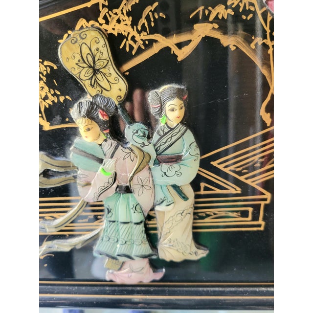 Black Monumental Vintage Chinoiserie Black Lacquer Soapstone Carved Pagoda Regency Rectangular Mirror For Sale - Image 8 of 14