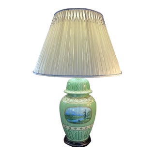 Ceramic Table Lamp, Pleated Silk Shade For Sale