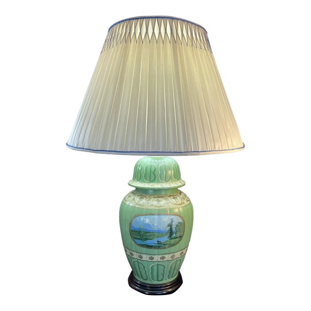 Ceramic Table Lamp, Pleated Silk Shade For Sale