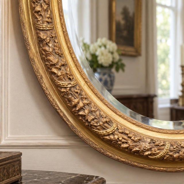 1970 Artisan Louis XVI Gold Beech Oval Wall Mirror For Sale - Image 4 of 10