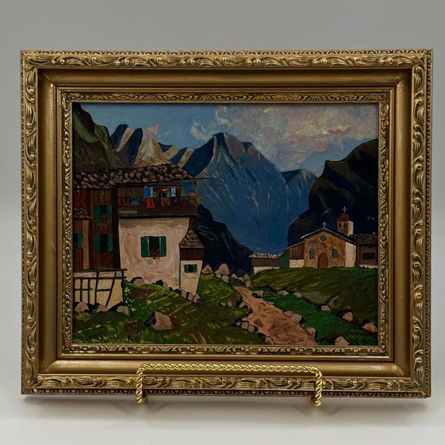 1950s Vintage Original Alpine Village Landscape Oil Painting For Sale - Image 5 of 11