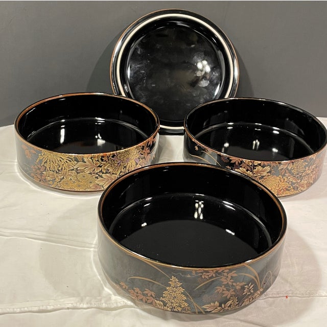 Vintage Shibata Japanese 3 Tiered Black Porcelain Lidded Box Dragonflies Flower Ca. 20th century. The box measure 6-1/2" x...