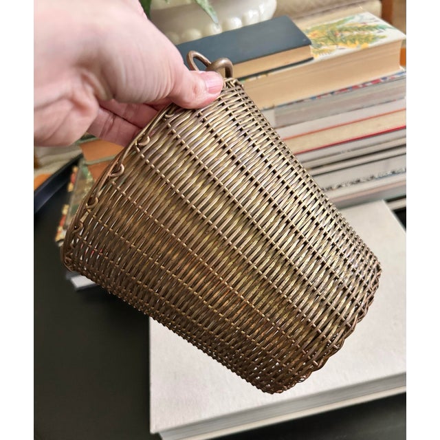 Metal Vintage Solid Brass Woven Basket With Swing Handles For Sale - Image 7 of 12