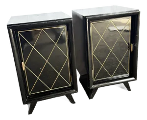 Art Deco Black Lacquered and Gold Nighstands With Brass Hardware - A Pair