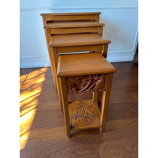 Asian Carved Nesting Side Tables Set of 4 1960s For Sale - Image 4 of 12