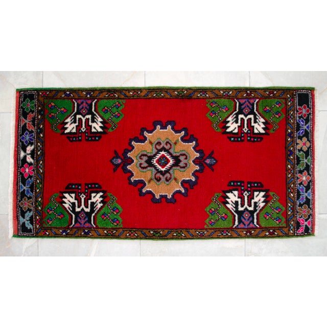 Textile 1970s Hand Made Turkish Rug Small Rug Kitchen Mat Organic Wool Entry Decor - 1'11" X 3'10" For Sale - Image 7 of 9